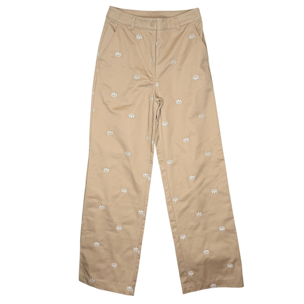 ADIDAS Tan Beige Chino Pants Embroidered All Over Trefoil Pattern Logo Women's 2